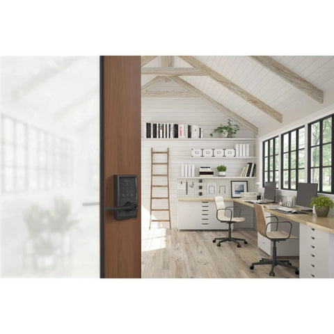 Interior view of a modern office with Smart Lock With Lever Handle And Touchscreen Keypad WiFi Connected For Keyless Entry App Control Works With Alexa And Google Home Airbnb Ready Matte Black Finish Seamless Setup And Remote Access From Anywhere installed on the door.