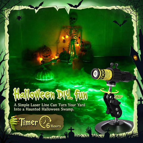 Green Laser Halloween Generator With Timer For Spooky Party Lighting And Fog Effects, Projects Bright Creepy Beams Across Marsh Fog To Create Epic Atmosphere And Endless Halloween Fun. 360° adjustable projector with timer