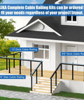 Kick Your Deck Up A Notch With This Straightforward Surface Mount Cable Railing Kit Covering 26 To 32 Feet Black Powder Coated Stainless Steel Posts Pre Drilled For Dead Simple Installation And Heavy Duty Swageless Tensioners on a house deck with black cable railing.