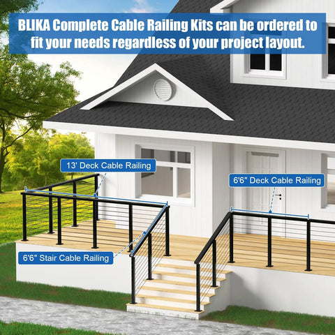 Kick Your Deck Up A Notch With This Straightforward Surface Mount Cable Railing Kit Covering 26 To 32 Feet Black Powder Coated Stainless Steel Posts Pre Drilled For Dead Simple Installation And Heavy Duty Swageless Tensioners on a house deck with black cable railing.