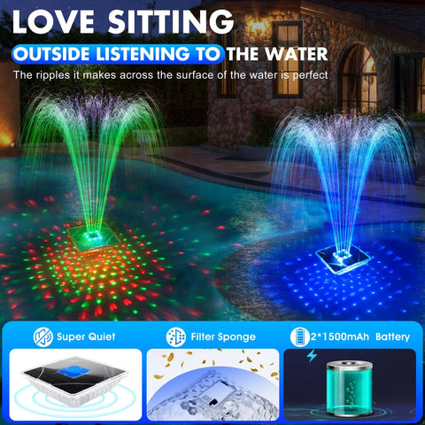 Upgraded Solar Fountain With Killer Light Show for Pools displaying colorful water jets and lights in a dark blue pool.