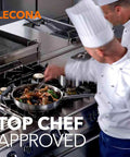 Professional chefs cooking on industrial stove with gas burners, demonstrating culinary expertise in a commercial kitchen.