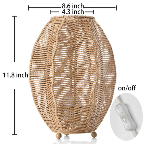 Rattan Woven Side Table Lamp For Boho Coastal Living Room And Bedroom Handmade Farmhouse Nightstand Lamp With 8.6 Inch Diameter And 11.8 Inch Height Delicate Light Patterns And Cozy Ambience