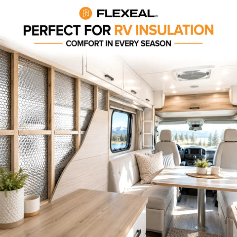 Heavy Duty Double Bubble Insulation Roll With 4 Layer Reflective Foil Barriers shown in modern RV interior design.