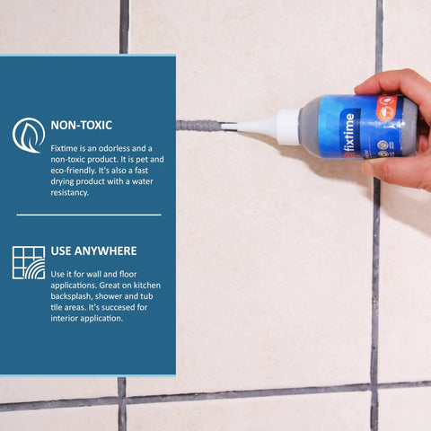 Hand applying premixed fast dry gray silicone tile repair kit with caulk filler and sealer for cracked bathroom kitchen and floor tiles 225g 8 oz DIY friendly for gaps and water leaks