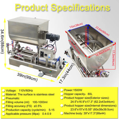 Heavy Duty Horizontal Pneumatic Paste Filling Machine Featuring Dual Nozzles And A Stainless Steel Heating Mixing Hopper Kicking Out Creamy Product Batches Consistently Between One Hundred And One Thousand Milliliters with detailed specifications.