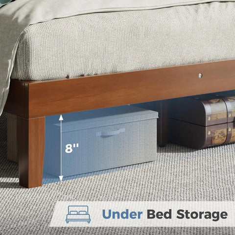 Heavy Duty Solid Pine Queen Platform Bed Frame With Stylish Headboard Thick Wood Slat Support Zero Squeak Guarantee No Box Spring Drama Hassle Free Setup Built Like A Tank For Couples with 8 inches clearance for under bed storage.