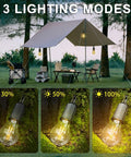 Outdoor setup with trees and tarp, showcasing 3 lighting modes of 4 Pack Hanging Camping Lights, Rechargeable Tent Lanterns With Three Brightness Modes, USB Powered, Black Outdoor Lighting For Camping, Hiking And Emergency Use.