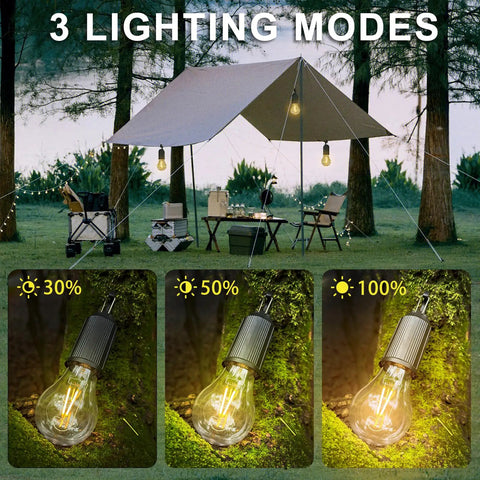 Outdoor setup with trees and tarp, showcasing 3 lighting modes of 4 Pack Hanging Camping Lights, Rechargeable Tent Lanterns With Three Brightness Modes, USB Powered, Black Outdoor Lighting For Camping, Hiking And Emergency Use.