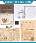 3D Wooden Sailboat Puzzle Kit For Adults, instruction manual, laser-cut wooden parts, sailing ship design components shown