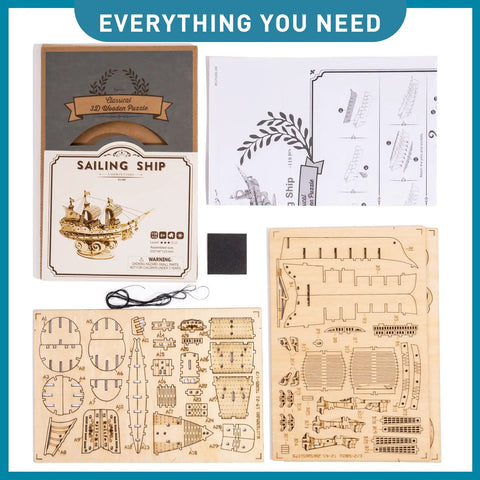 3D Wooden Sailboat Puzzle Kit For Adults, instruction manual, laser-cut wooden parts, sailing ship design components shown