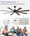 72 Inch Ceiling Fan No Light With Remote Control 8 Blades Quiet DC Reversible Motor 6 Speed Timer Black Finish for indoor use with family