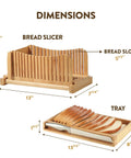Dope Adjustable Bamboo Bread Slicer With Foldable Slicing Guide And Crumb Tray dimensions; features slicer and tray measurements.