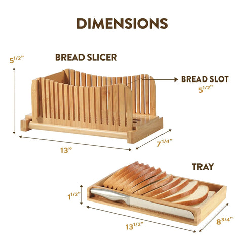Dope Adjustable Bamboo Bread Slicer With Foldable Slicing Guide And Crumb Tray dimensions; features slicer and tray measurements.