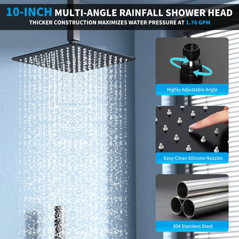 Matte Black Shower System With Push Button Diverter Easy Install Three Mode Rainfall Ceiling Mount 10 Inch Shower Head