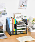 Five Tier Desk Organizer With File Holder And Drawer, Mesh Letter Tray Office Organizer With Two Pen Holders And Magazine Holder