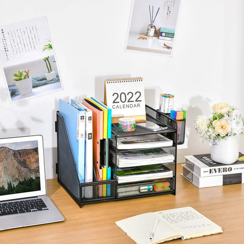 Five Tier Desk Organizer With File Holder And Drawer, Mesh Letter Tray Office Organizer With Two Pen Holders And Magazine Holder
