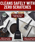 Heavy Duty 3 In 1 Panini Grill Brush Cleaner With Stainless Steel Scraper Tool on kitchen counter, showcasing versatile design and storage.