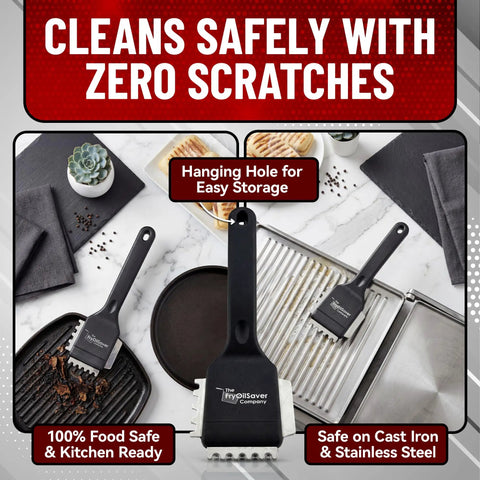 Heavy Duty 3 In 1 Panini Grill Brush Cleaner With Stainless Steel Scraper Tool on kitchen counter, showcasing versatile design and storage.