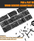 Heavy Duty 288 Piece Black Wood And Sheet Metal Screws Kit, Sizes 4 6 8 10, Phillips Pan And Flat Heads in open case