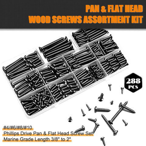 Heavy Duty 288 Piece Black Wood And Sheet Metal Screws Kit, Sizes 4 6 8 10, Phillips Pan And Flat Heads in open case
