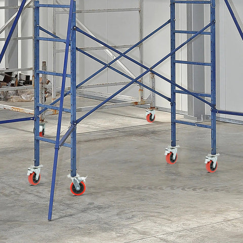 Tough As Nails 6 Inch Scaffolding Caster Wheels With Reliable Brake And Easy Adjustable Leveling Jacks on scaffold frame.