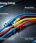Top Tier 180 Piece Heavy Duty Heat Shrink Wire Connector Kit With Waterproof Marine Grade Ring Fork Spade Butt Terminal Assortment close-up of color coded connectors with heat activated insulation.