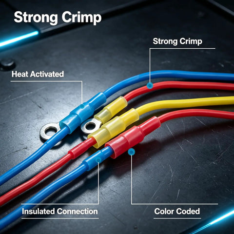 Top Tier 180 Piece Heavy Duty Heat Shrink Wire Connector Kit With Waterproof Marine Grade Ring Fork Spade Butt Terminal Assortment close-up of color coded connectors with heat activated insulation.