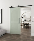 Silky Smooth Two Panel Sliding Barn Door With Reeded Arched White Primed Finish For Modern Farmhouse Room Divider, mint green color in interior.