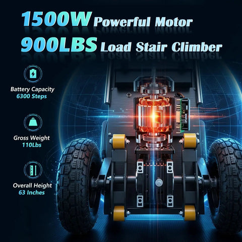 Sturdy Electric Stair Climbing Dolly With A Beefy 1500 Watt Motor Making No Sweat Moves On Steps For Quick Transport Of Appliances And Heavy Couches In Black, showcasing 1500W motor and durable wheels.