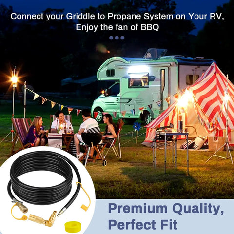 Upgraded 18 Foot RV Quick Connect Propane Hose With Elbow Adapter for grills, shown with RV campsite and accessories.