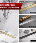 28 Inch Linear Shower Drain Gold Rectangular Channel With V Shape Design For Fast Drainage In Shower Rooms 304 Stainless Steel cUPC Certified Drain Base Not Included in modern bathroom setup showing gold, silver, and black finishes.
