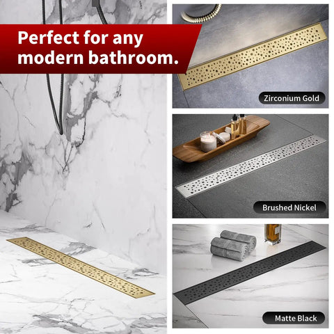 28 Inch Linear Shower Drain Gold Rectangular Channel With V Shape Design For Fast Drainage In Shower Rooms 304 Stainless Steel cUPC Certified Drain Base Not Included in modern bathroom setup showing gold, silver, and black finishes.