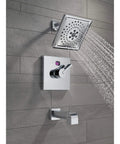 Ara Tub Spout Chrome With Pull Up Diverter, 5.5 Inch Reach, shower setup with chrome finish and square shower head in bathroom