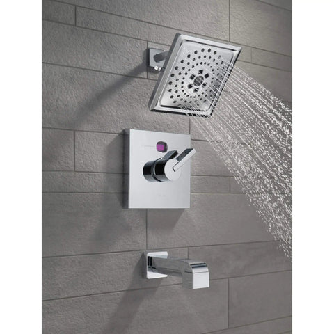 Ara Tub Spout Chrome With Pull Up Diverter, 5.5 Inch Reach, shower setup with chrome finish and square shower head in bathroom