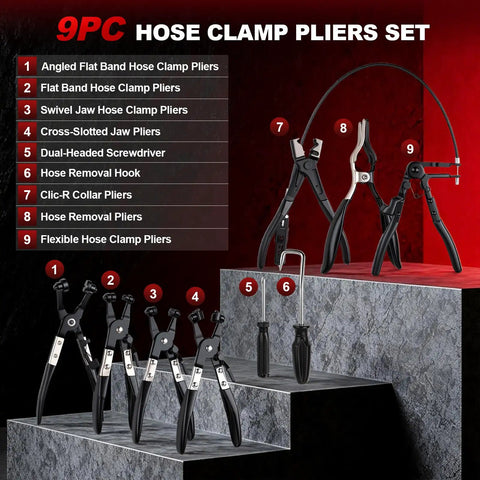9 Piece Hose Clamp Pliers Set For Auto Work with Long Reach Cable Pliers, Swivel Jaw Clip Pliers, Flat Band Pliers, displayed on steps.