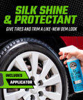 Silk Shine Protectant being sprayed on a car tire with applicator included, part of the 14 Piece Car Wash Arsenal Builder Kit.