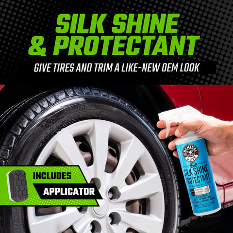 Silk Shine Protectant being sprayed on a car tire with applicator included, part of the 14 Piece Car Wash Arsenal Builder Kit.