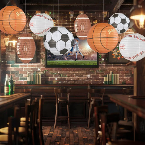 8 Pack 12 Inch Sports Paper Lanterns Set for Party Decor Includes Soccer Ball Basketball Baseball American Football and Japanese Hanging Lanterns Reusable Game Day Birthday Favors for Kids in bar setting