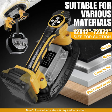 Heavy Duty Tile Vibration Tool with 9-Inch Suction Cup delivers 551 lbs lift, shown gripping tiles and materials