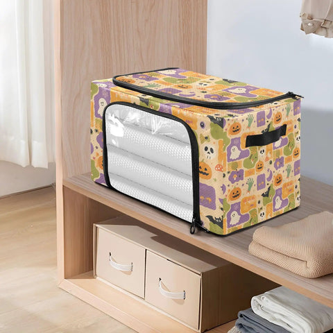 Heavy Duty Foldable Storage Bin With Large Clear Window And Dual Zipper Openings For Quick Grab Access Interior Steel Frame Keeps Structure Intact Festive Pumpkin Ghost Art Collage on shelf with visible interior.