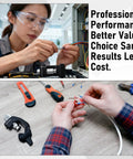 Cable Stripper With Adjustable Blade Depth For 6 To 28 mm Wires on a table next to a person wiring a circuit board.
