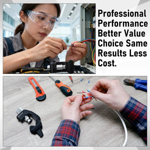 Cable Stripper With Adjustable Blade Depth For 6 To 28 mm Wires on a table next to a person wiring a circuit board.