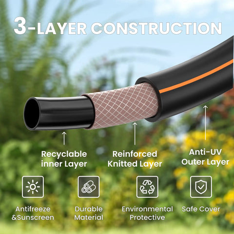 Close-up of Heavy Duty Garden Hose 6 Feet Long 5/8 Inch Hybrid Water Hose showing 3-layer construction with burst-resistant mesh.