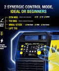 Close-up of 140A 5-In-1 Flux Core MIG Welder controls and large LED display, showing settings for dual voltage welding modes.