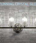 Ophelia 22 Inch Modern Four Light Vanity Fixture With Cylinder Hand Cut Glass Shades In Brushed Nickel Finish on wall