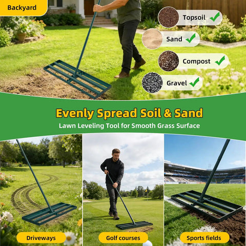 Person using Pro Grade Lawn Leveling Rake with 70 Inch Adjustable Handle, 30 By 10 Inch Wide Head for soil and sand leveling