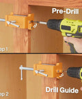 Pro Grade All In One Cabinet Clamp Set 4 Pack with drill guide in use during cabinet installation showing pre-drill and alignment steps.