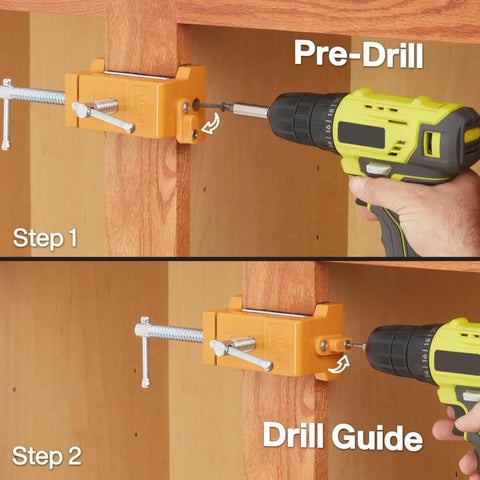 Pro Grade All In One Cabinet Clamp Set 4 Pack with drill guide in use during cabinet installation showing pre-drill and alignment steps.