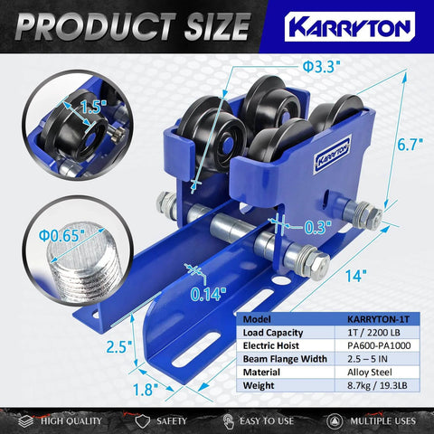 1 Ton I Beam Trolley For Electric Hoist Adjustable Manual Trolley Fits 2.5 To 5 Inch Beam Flange Push Trolley Compatible with PA600 PA800 PA1000, dual-wheel design diagram